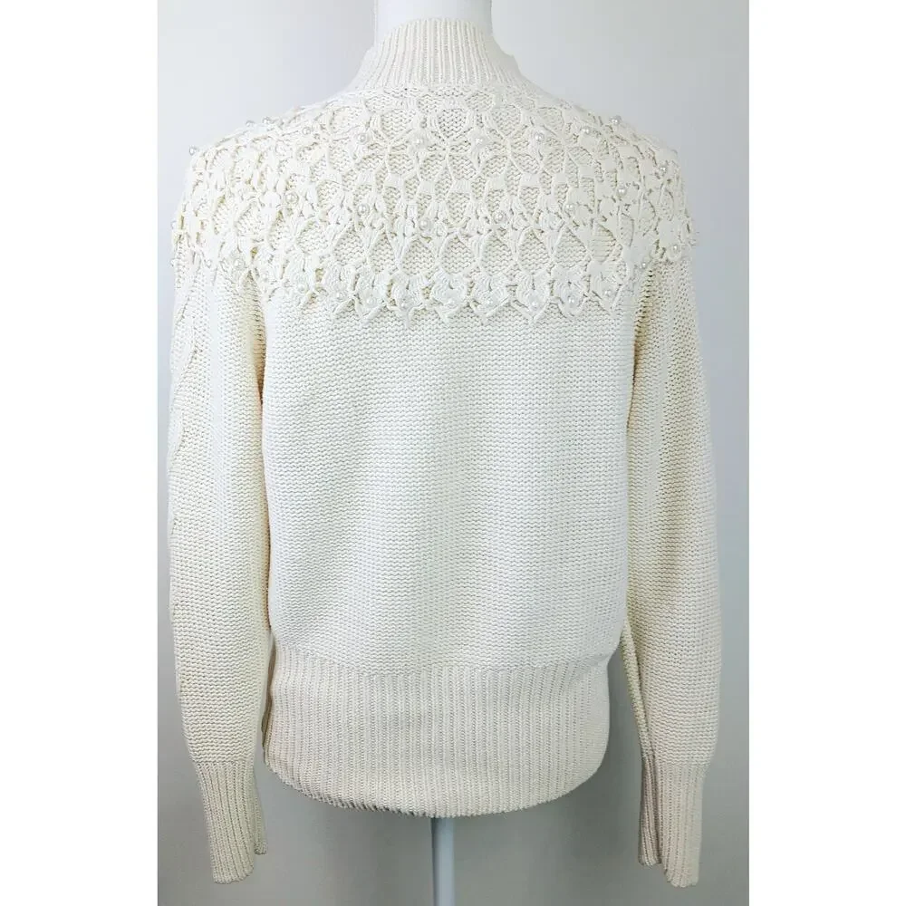 Sarah Taylor Collection VTG SZ M Cable Knit Cream Sweater Crochet Pearls 80's